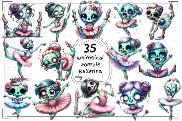 35 Whimsical Watercolor Zombie Ballerina: Creepy-Cute Design Assets