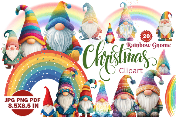 Enhance Holiday Projects with Vibrant Rainbow Gnome Christmas Clipart