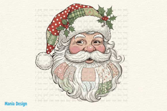 Patchwork Santa Claus Head Illustration: A Festive Design Asset
