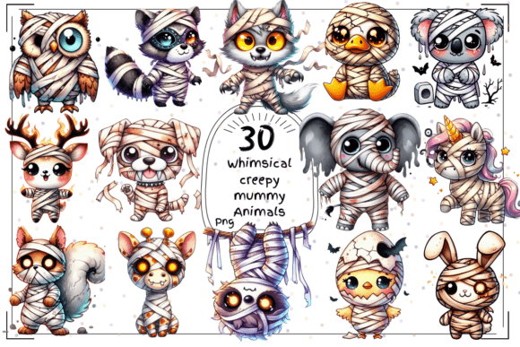 Spooky Cute Design: 30Watercolor Creepy Mummy Animal Clipart