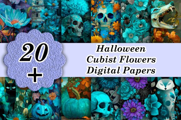 Turquoise Halloween Cubist Flowers: Modern Digital Design Assets