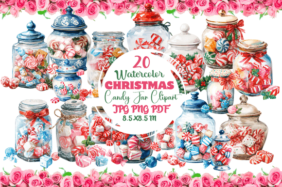 Watercolor Christmas Candy Jar Clipart for Festive Designs
